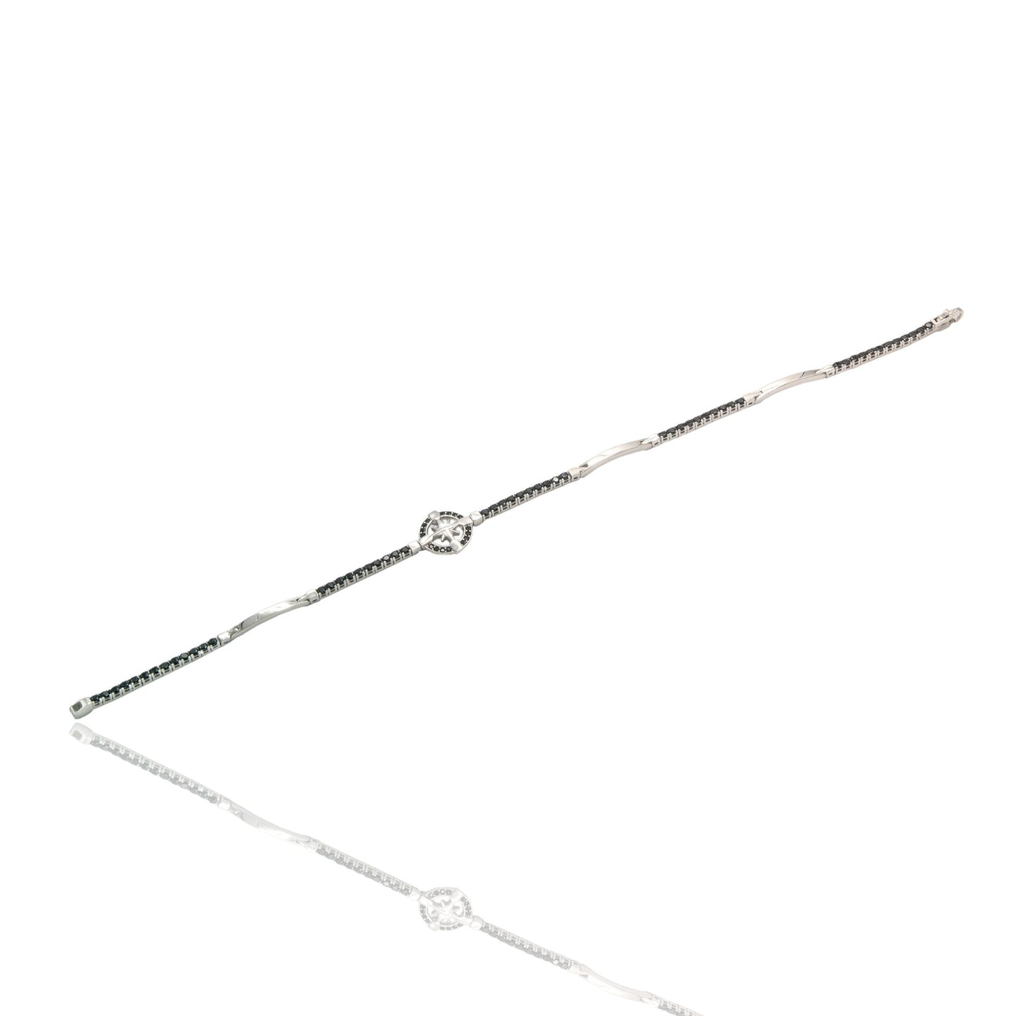 Bracciale Oro Bianco Oro 18 carati Tennis Con rosa dei venti Zirconi Neri cm. 20