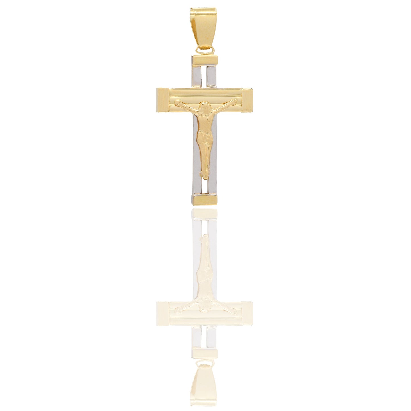 Ciondoli Oro Giallo Oro Bianco Oro 18 carati Croce con Cristo traforata rigata Solo oro 3.9 cm x 1,9cm