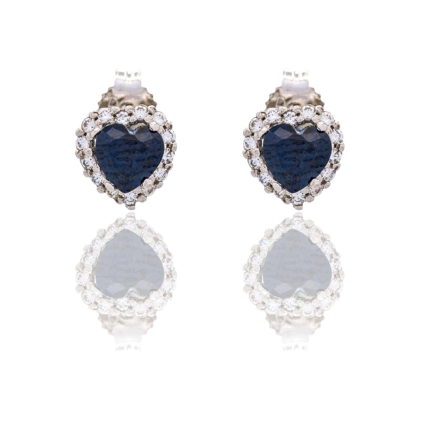 Orecchini Oro Bianco Oro 18 carati Cuore Con Contorno Zirconi Bianchi, Zircone Blu