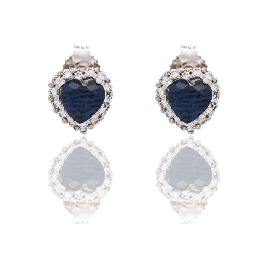 Orecchini Oro Bianco Oro 18 carati Cuore Con Contorno Zirconi Bianchi, Zircone Blu