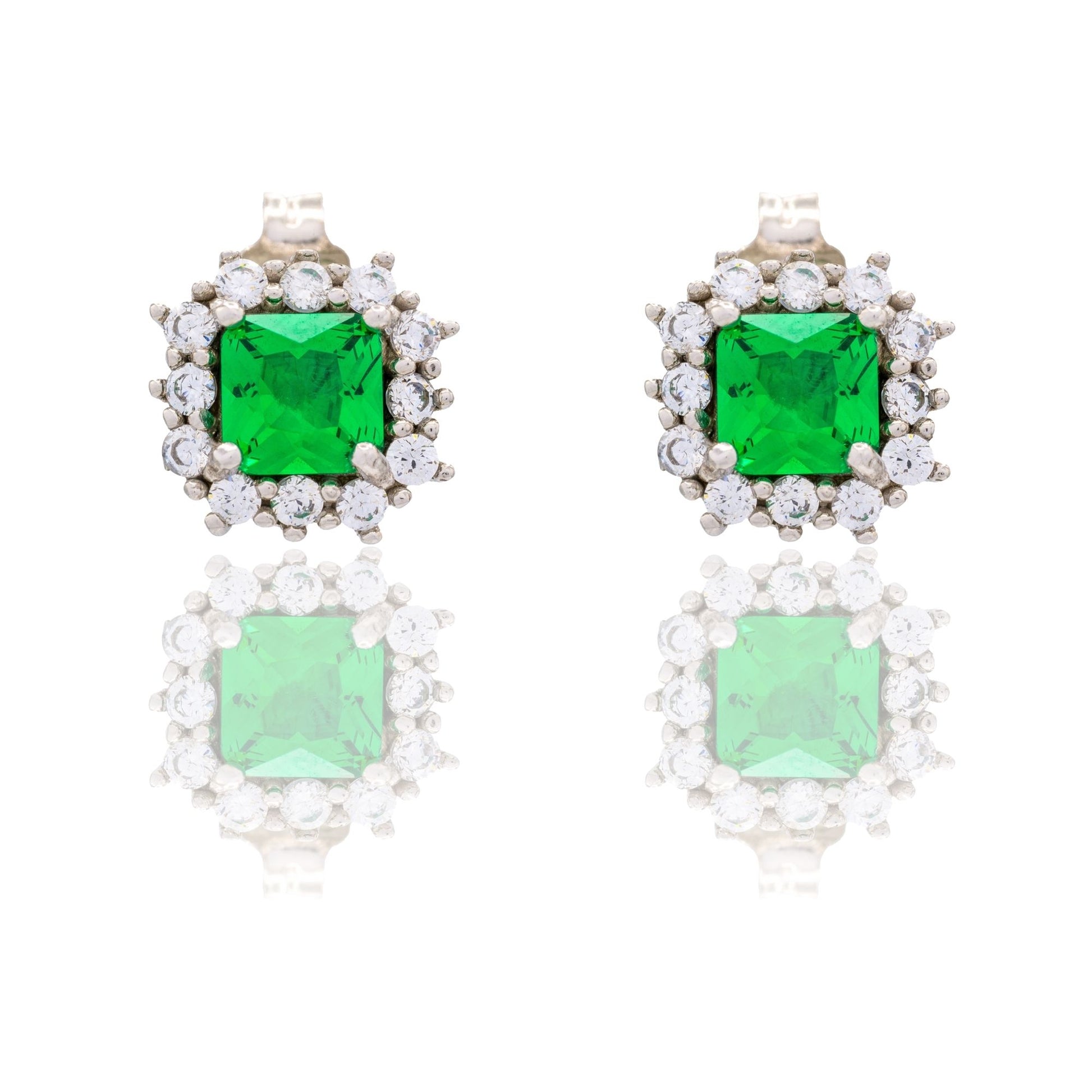 Orecchini Oro Bianco Oro 18 carati Quadrato Con Contorno Zirconi Bianchi, Zircone Verde