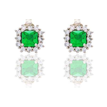 Orecchini Oro Bianco Oro 18 carati Quadrato Con Contorno Zirconi Bianchi, Zircone Verde