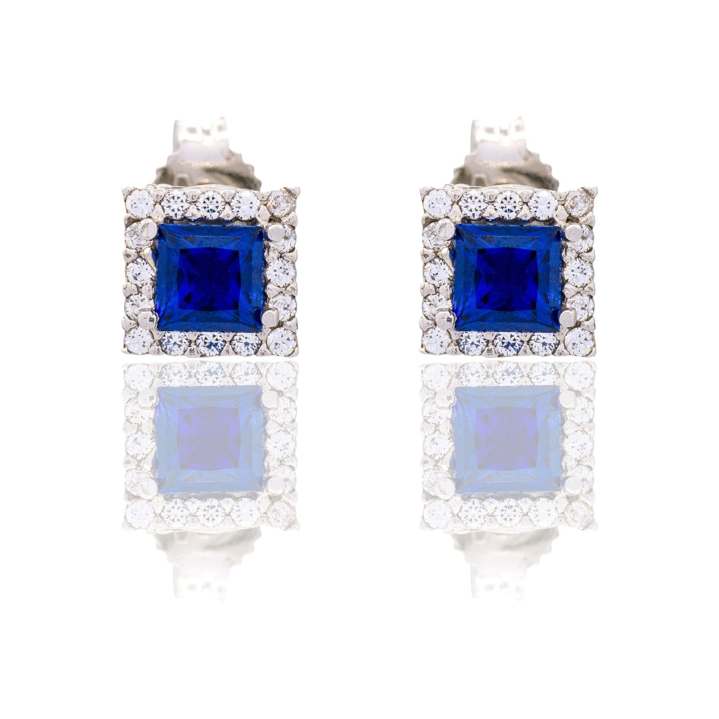 Orecchini Oro Bianco Oro 18 carati Quadrato Con Contorno Zirconi Bianchi, Zircone Blu