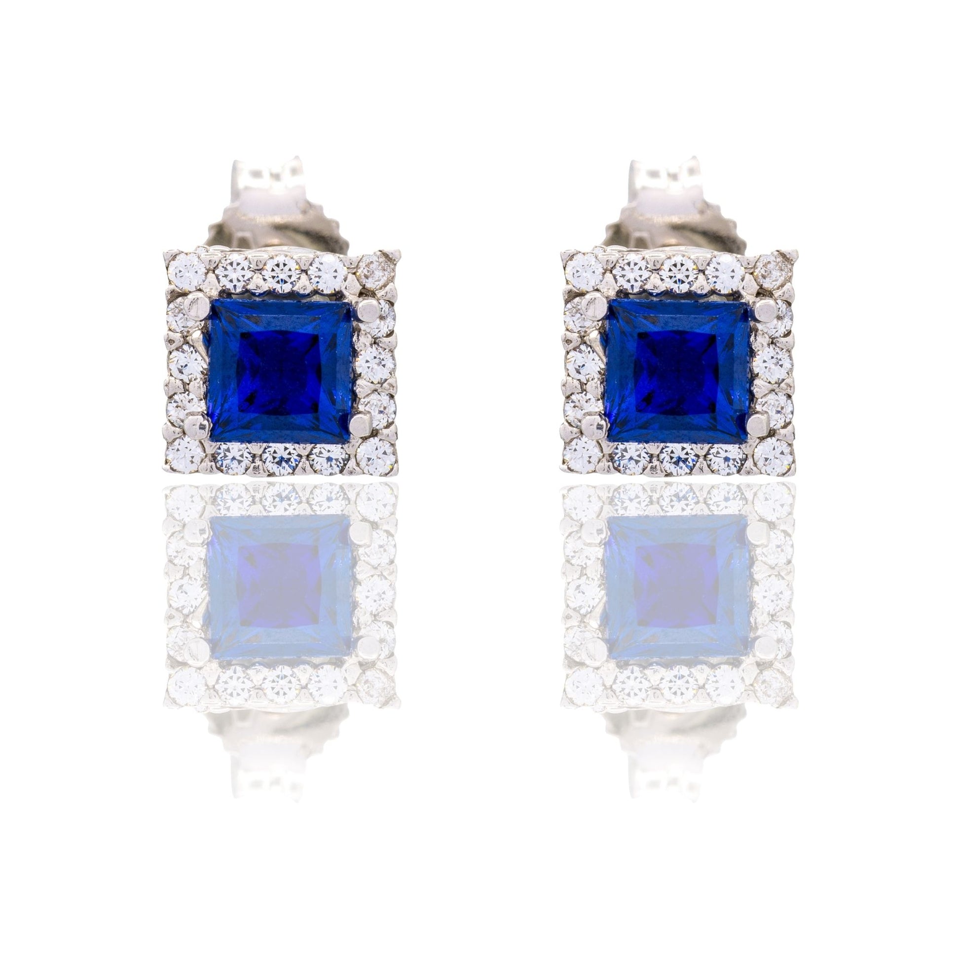 Orecchini Oro Bianco Oro 18 carati Quadrato Con Contorno Zirconi Bianchi, Zircone Blu