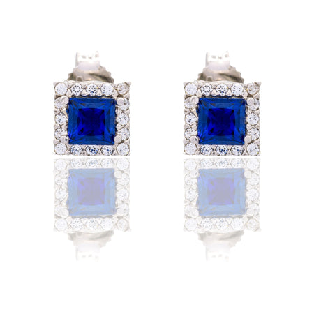 Orecchini Oro Bianco Oro 18 carati Quadrato Con Contorno Zirconi Bianchi, Zircone Blu