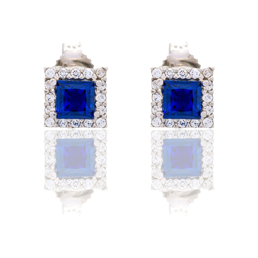 Orecchini Oro Bianco Oro 18 carati Quadrato Con Contorno Zirconi Bianchi, Zircone Blu