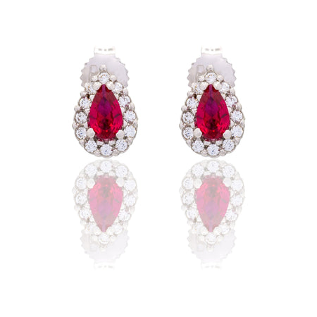 Orecchini Oro Bianco Oro 18 carati Goccia Con Contorno Zirconi Bianchi, Zircone Rosso