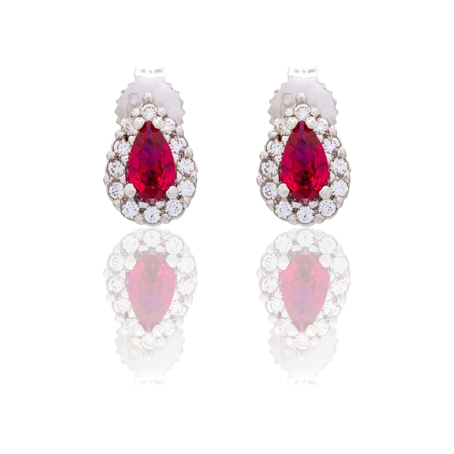 Orecchini Oro Bianco Oro 18 carati Goccia Con Contorno Zirconi Bianchi, Zircone Rosso