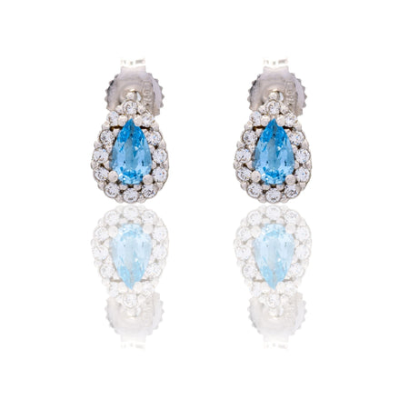 Orecchini Oro Bianco Oro 18 carati Goccia Con Contorno Zirconi Bianchi, Zircone Azzurro