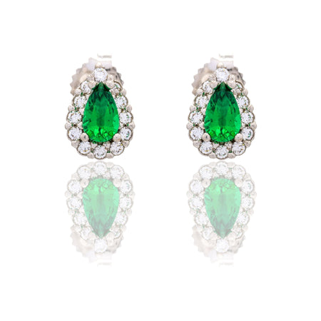 Orecchini Oro Bianco Oro 18 carati Goccia Con Contorno Zircone Verde, Zirconi Bianchi