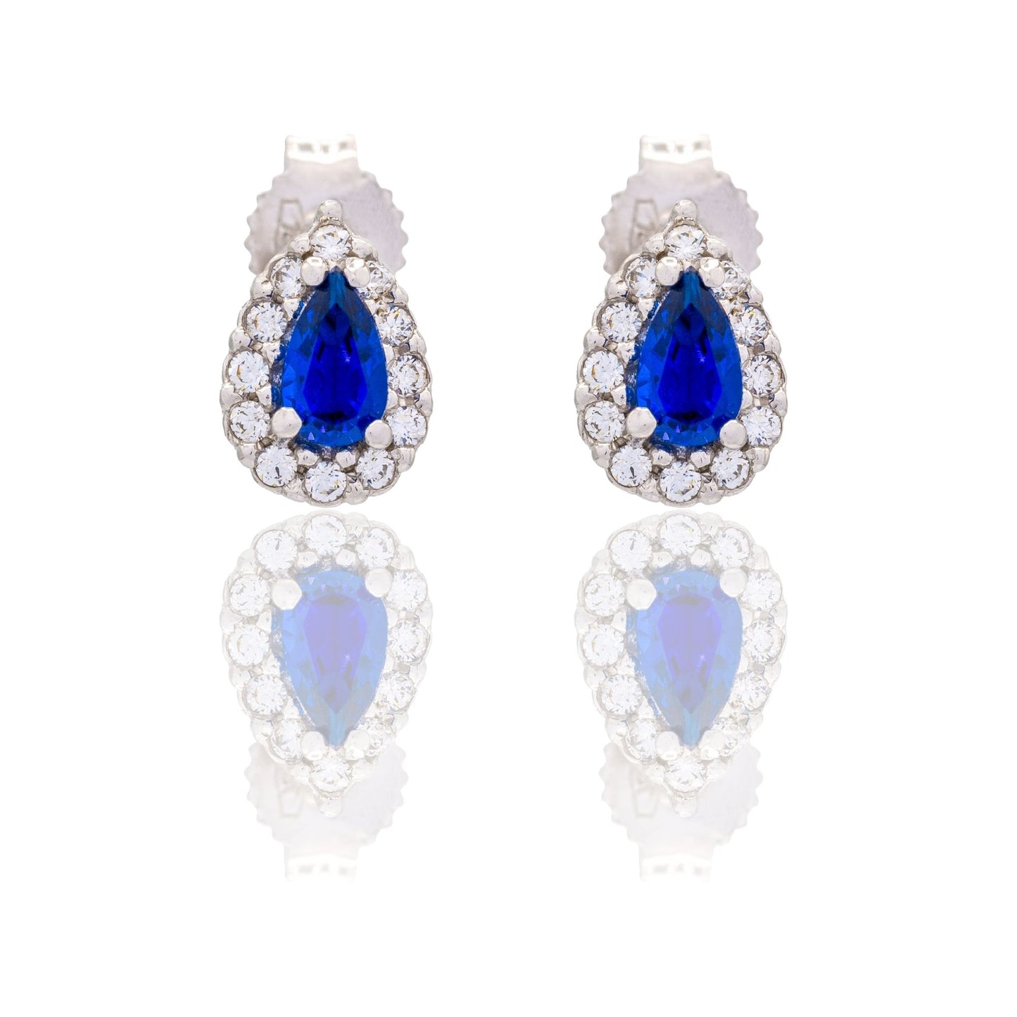 Orecchini Oro Bianco Oro 18 carati Goccia Con Contorno Zirconi Bianchi, Zircone Blu