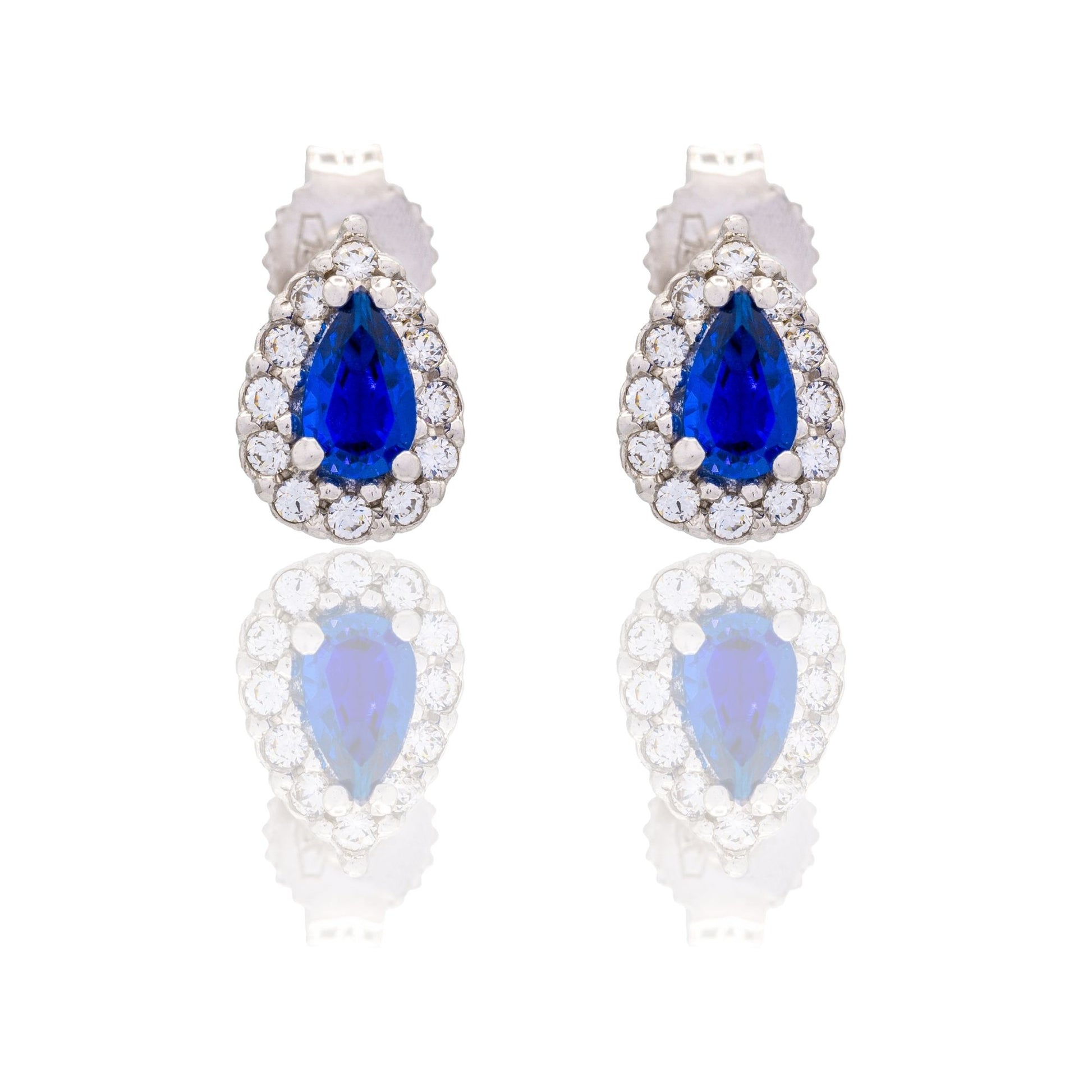 Orecchini Oro Bianco Oro 18 carati Goccia Con Contorno Zirconi Bianchi, Zircone Blu