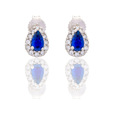 Orecchini Oro Bianco Oro 18 carati Goccia Con Contorno Zirconi Bianchi, Zircone Blu