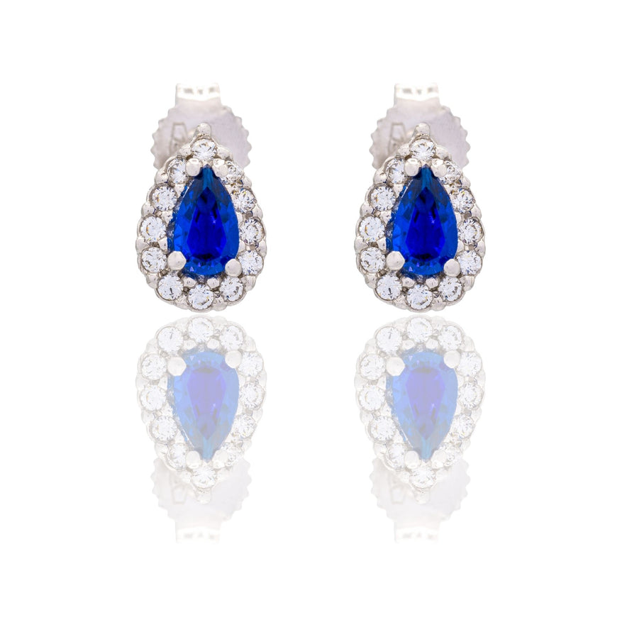 Orecchini Oro Bianco Oro 18 carati Goccia Con Contorno Zirconi Bianchi, Zircone Blu