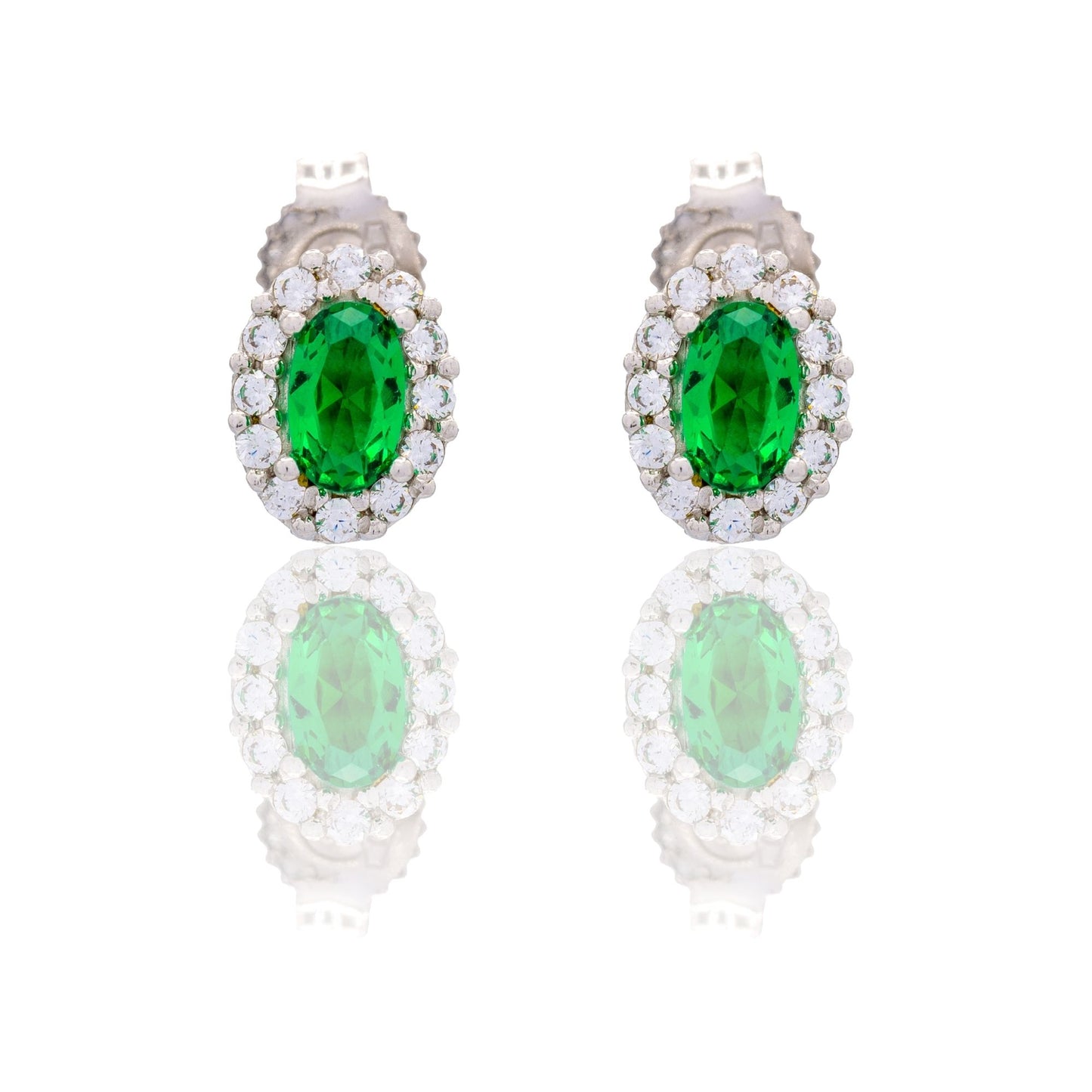 Orecchini Oro Bianco Oro 18 carati Ovale Con Contorno Zirconi Bianchi, Zircone Verde