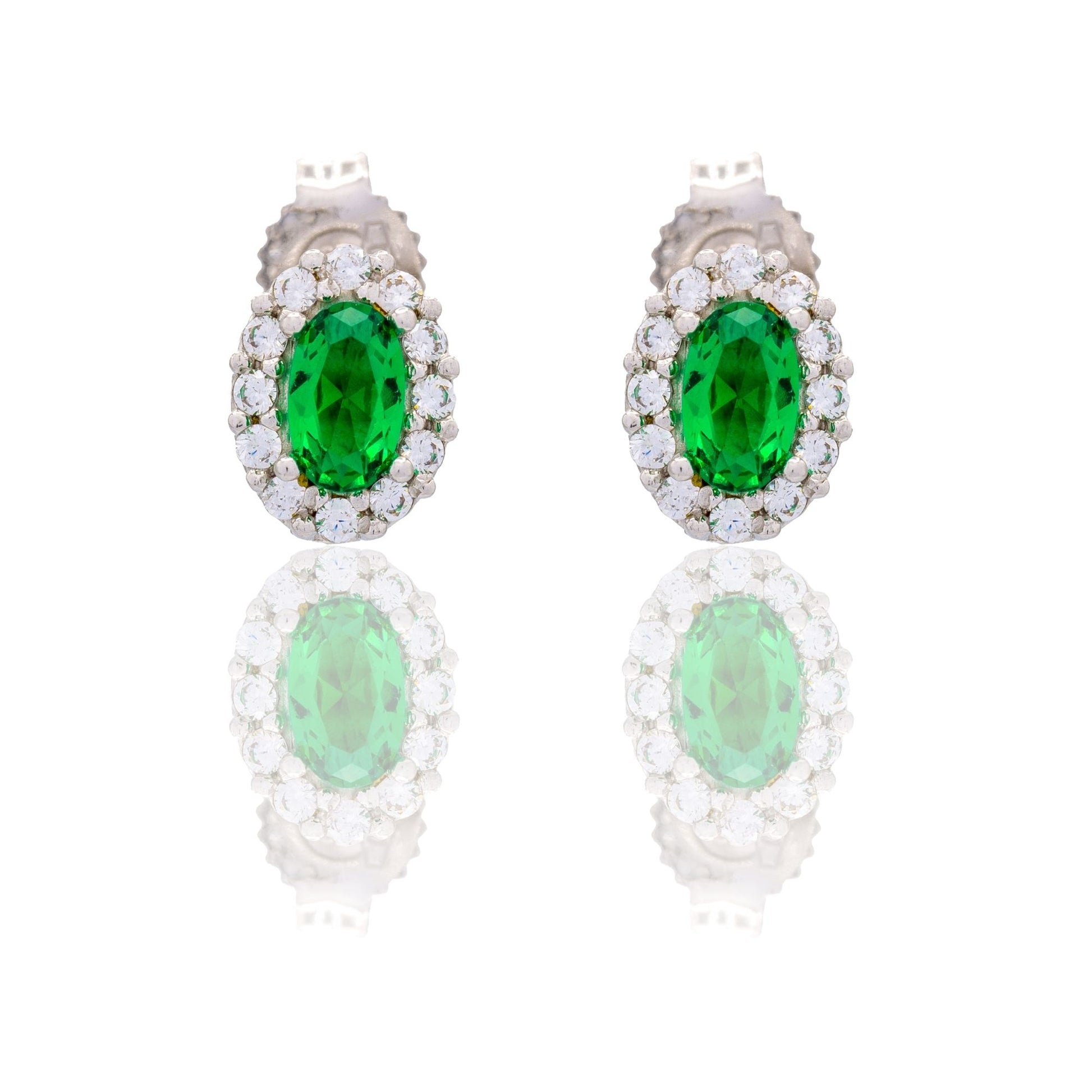 Orecchini Oro Bianco Oro 18 carati Ovale Con Contorno Zirconi Bianchi, Zircone Verde