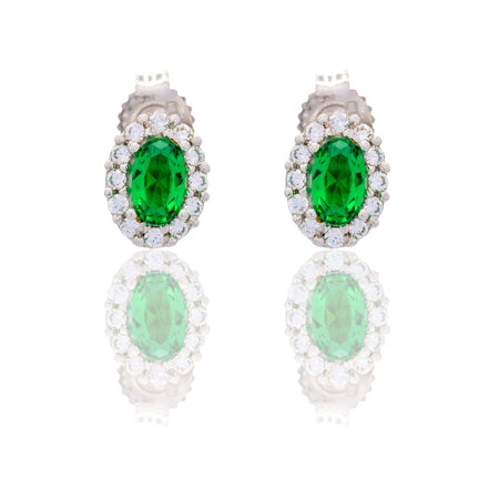 Orecchini Oro Bianco Oro 18 carati Ovale Con Contorno Zirconi Bianchi, Zircone Verde