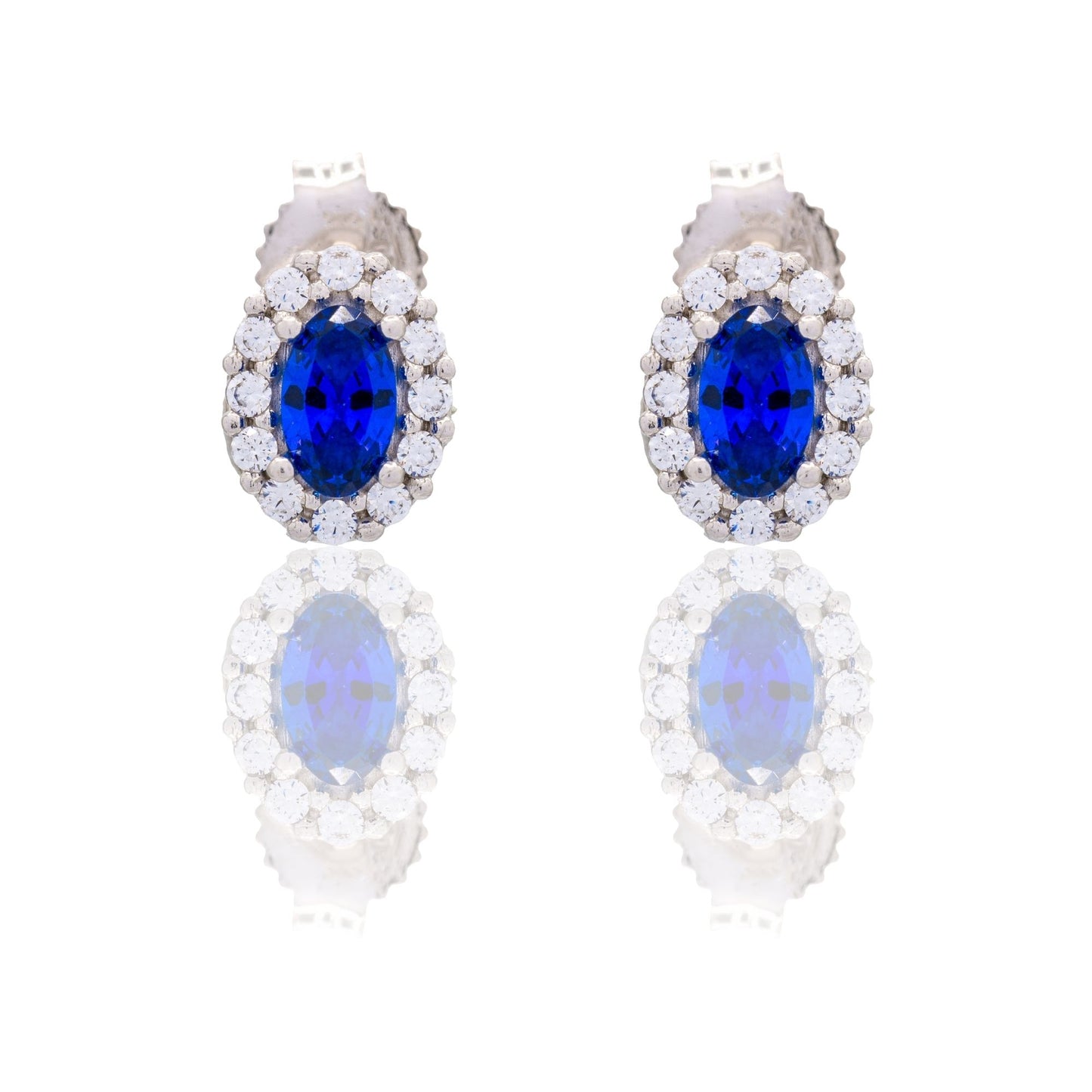 Orecchini Oro Bianco Oro 18 carati Ovale Con Contorno Zircone Blu, Zirconi Bianchi