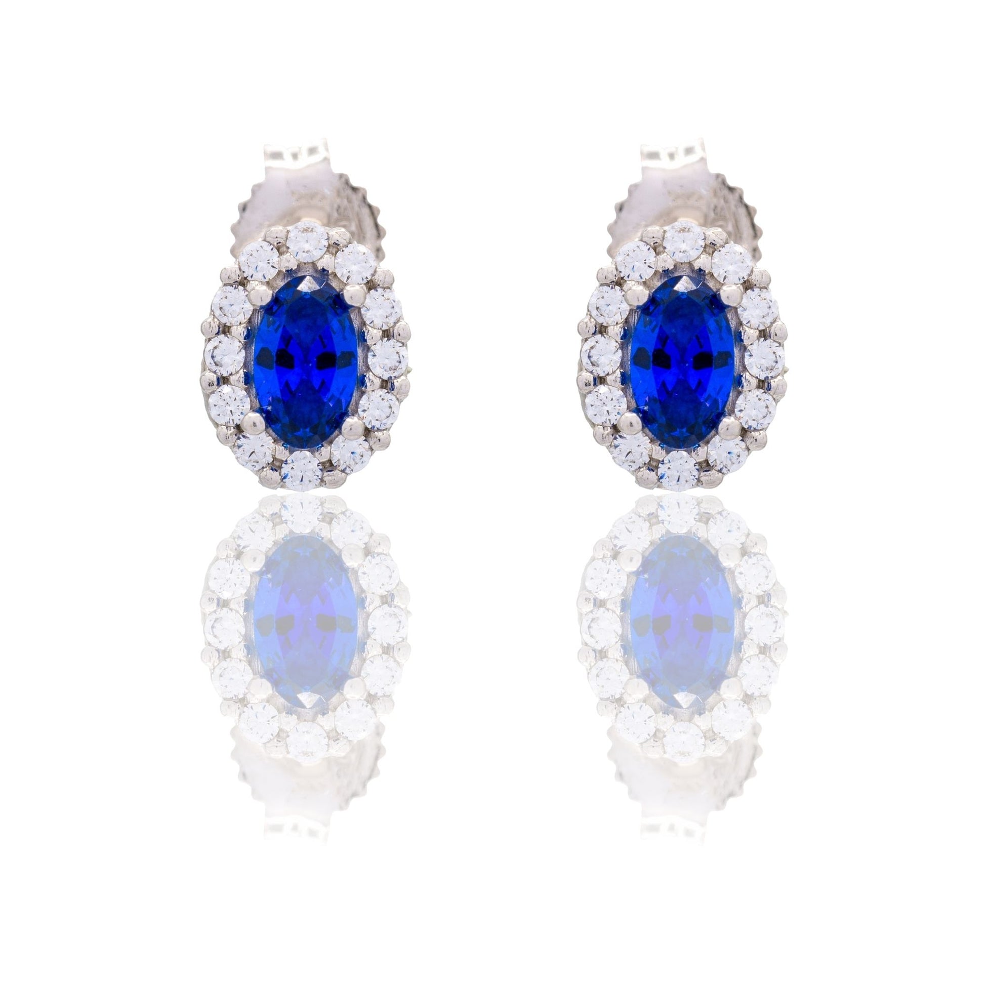 Orecchini Oro Bianco Oro 18 carati Ovale Con Contorno Zircone Blu, Zirconi Bianchi