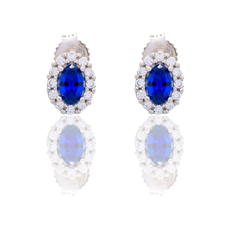 Orecchini Oro Bianco Oro 18 carati Ovale Con Contorno Zircone Blu, Zirconi Bianchi