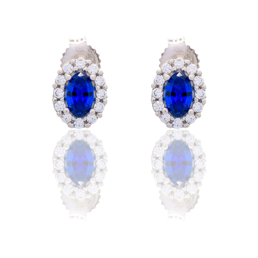 Orecchini Oro Bianco Oro 18 carati Ovale Con Contorno Zircone Blu, Zirconi Bianchi