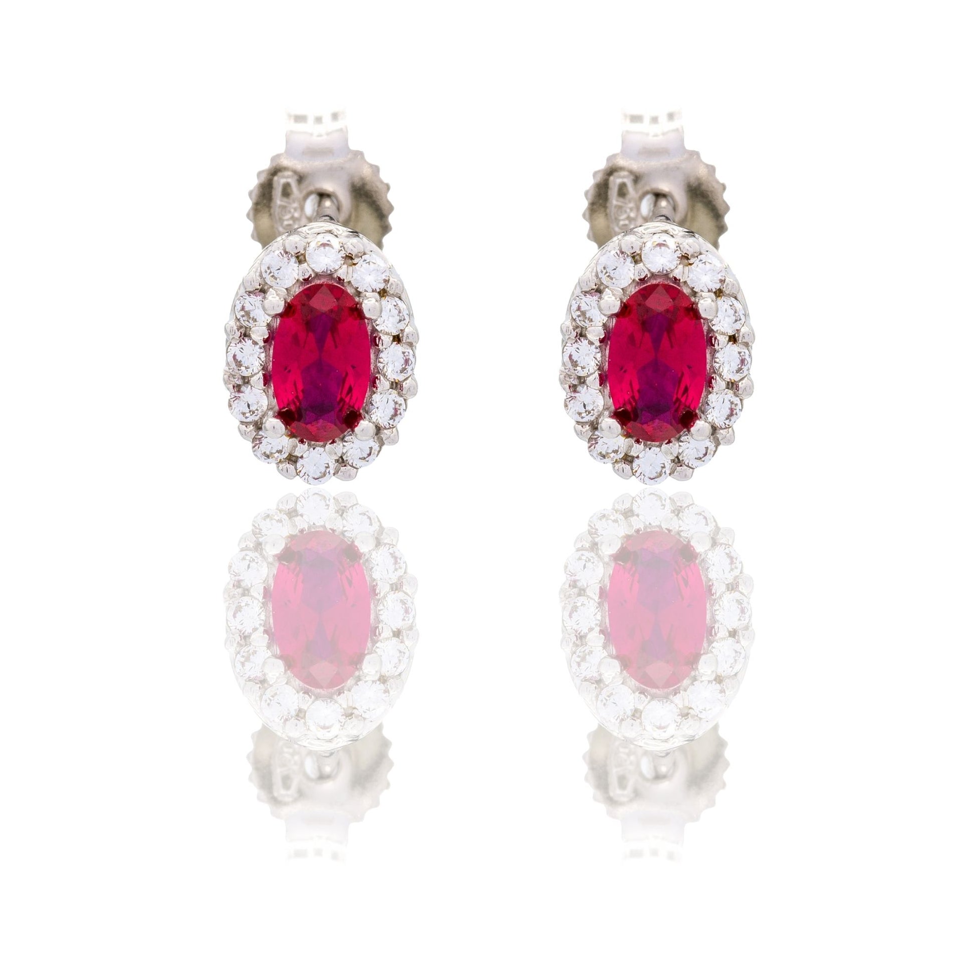 Orecchini Oro Bianco Oro 18 carati Ovale Con Contorno Zirconi Bianchi, Zircone Rosso