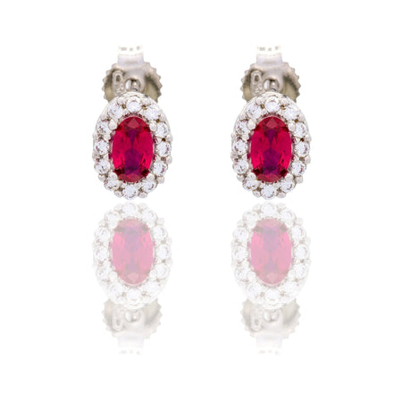 Orecchini Oro Bianco Oro 18 carati Ovale Con Contorno Zirconi Bianchi, Zircone Rosso