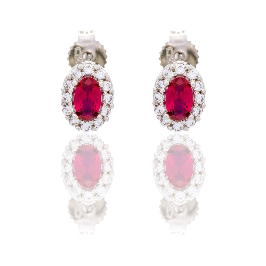 Orecchini Oro Bianco Oro 18 carati Ovale Con Contorno Zirconi Bianchi, Zircone Rosso