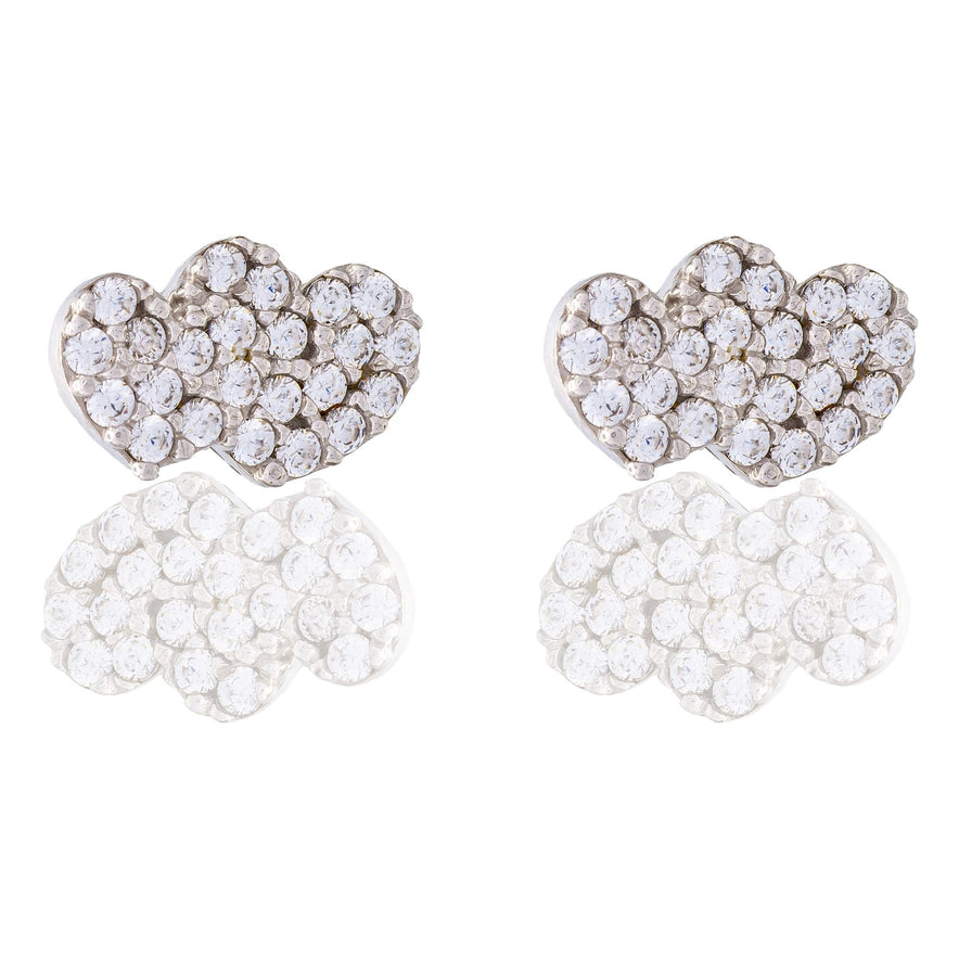 Orecchini Oro Bianco Oro 18 carati Doppio Cuore Pavè Zirconi bianchi