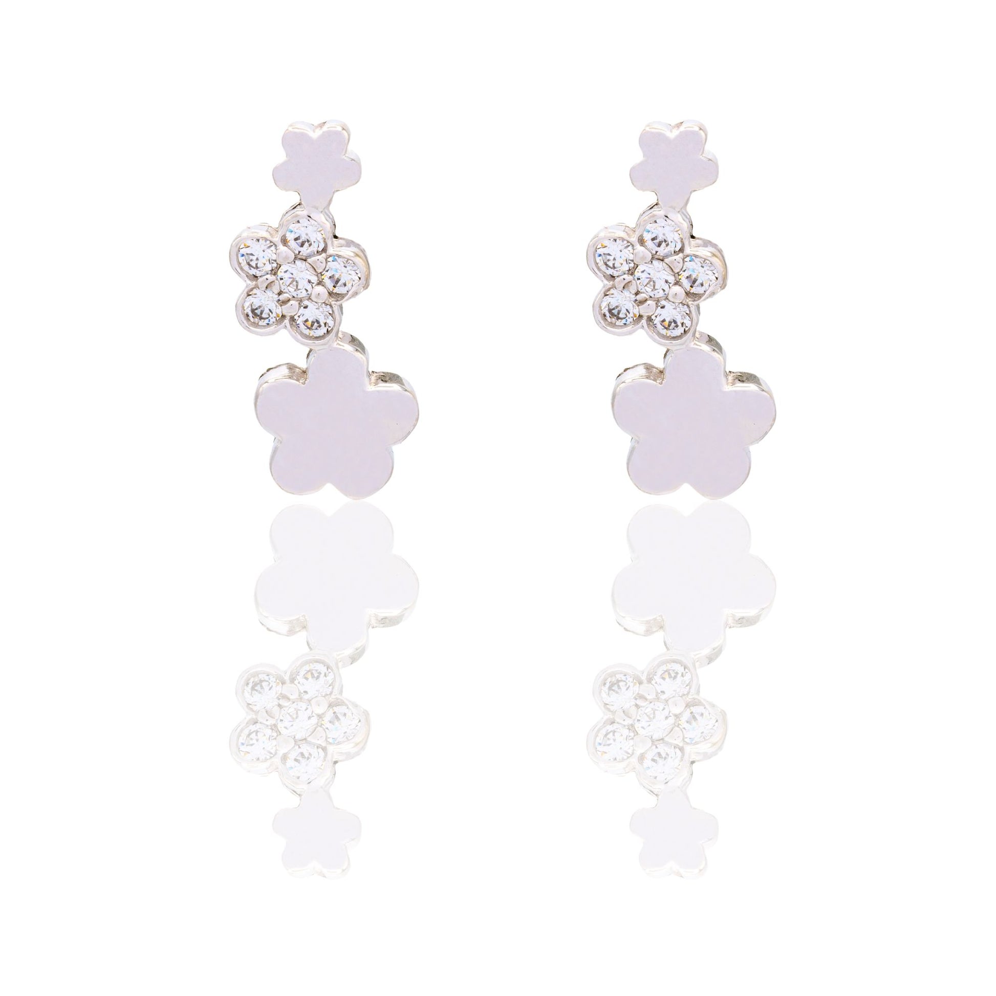 Orecchini Oro Bianco Oro 18 carati 3 Fiori Zirconi Bianchi