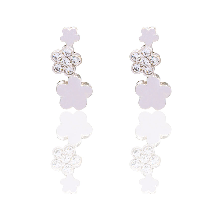 Orecchini Oro Bianco Oro 18 carati 3 Fiori Zirconi Bianchi