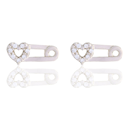 Orecchini Oro Bianco Oro 18 carati Spilla Con Cuore Zirconi Bianchi
