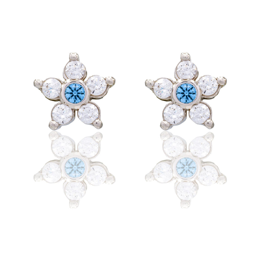 Orecchini Oro Bianco Oro 18 carati Fiore Pietra Zirconi Bianchi, Zircone Azzurro