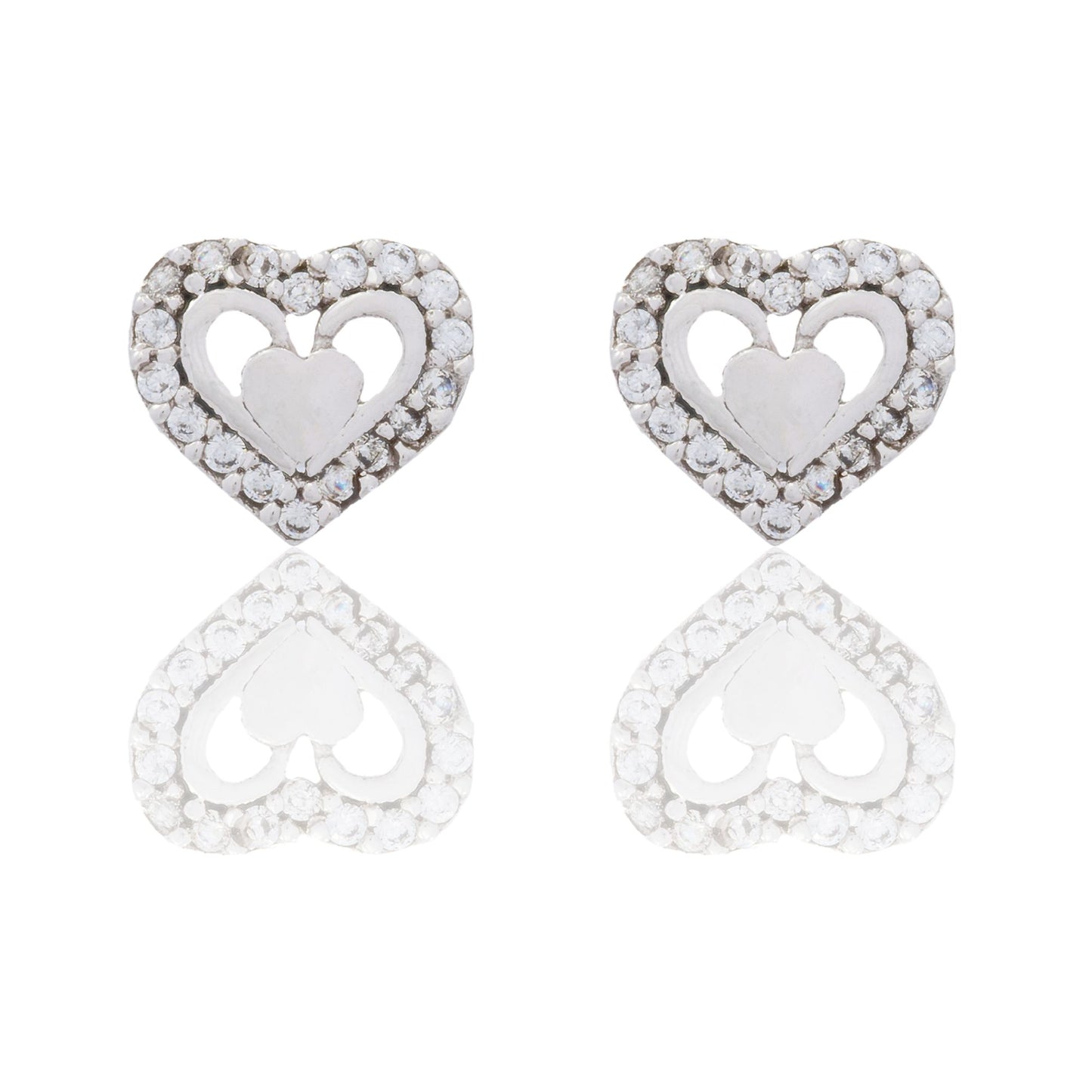 Orecchini Oro Bianco Oro 18 carati Doppio Cuore Aperto Con Contorno Zirconi Bianchi