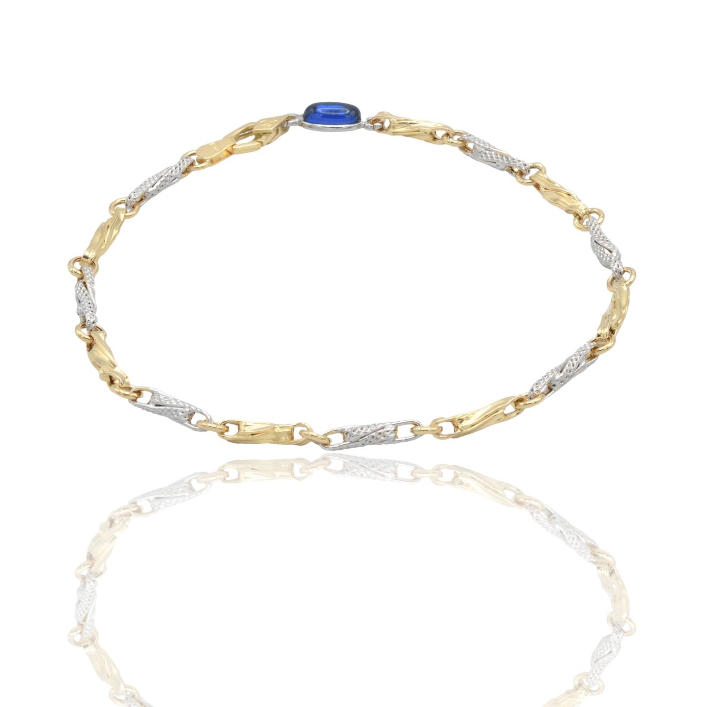 Bracciale Oro Giallo Oro Bianco Oro 18 carati Catena Intrecciata pietra blu cm. 21,5