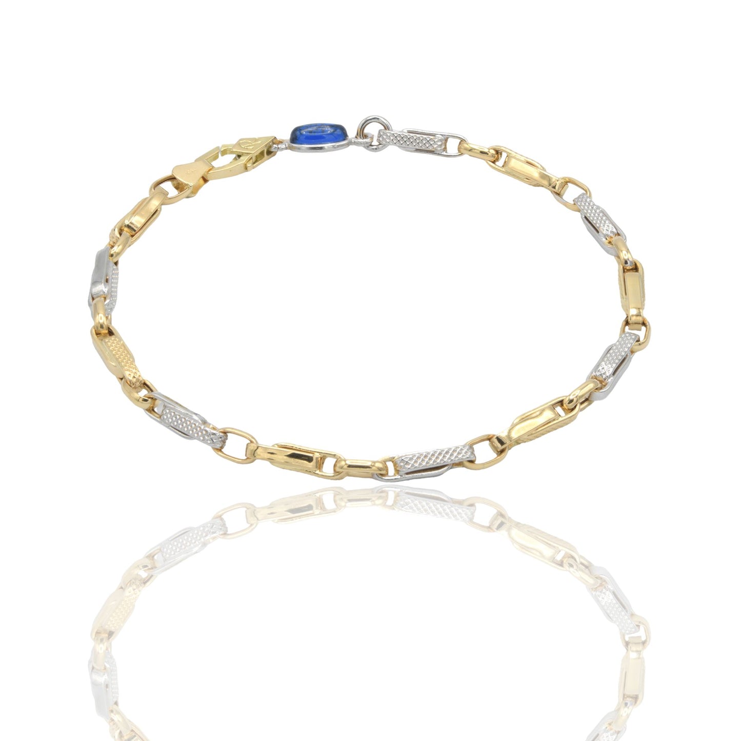 Bracciale Oro Giallo Oro Bianco Oro 18 carati Catena Alternata pietra blu cm. 21,5