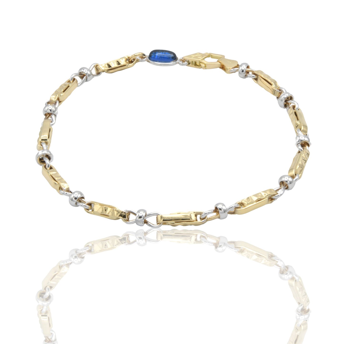 Bracciale Oro Giallo Oro Bianco Oro 18 carati Catena Rigata alternata pietra blu cm. 21,5