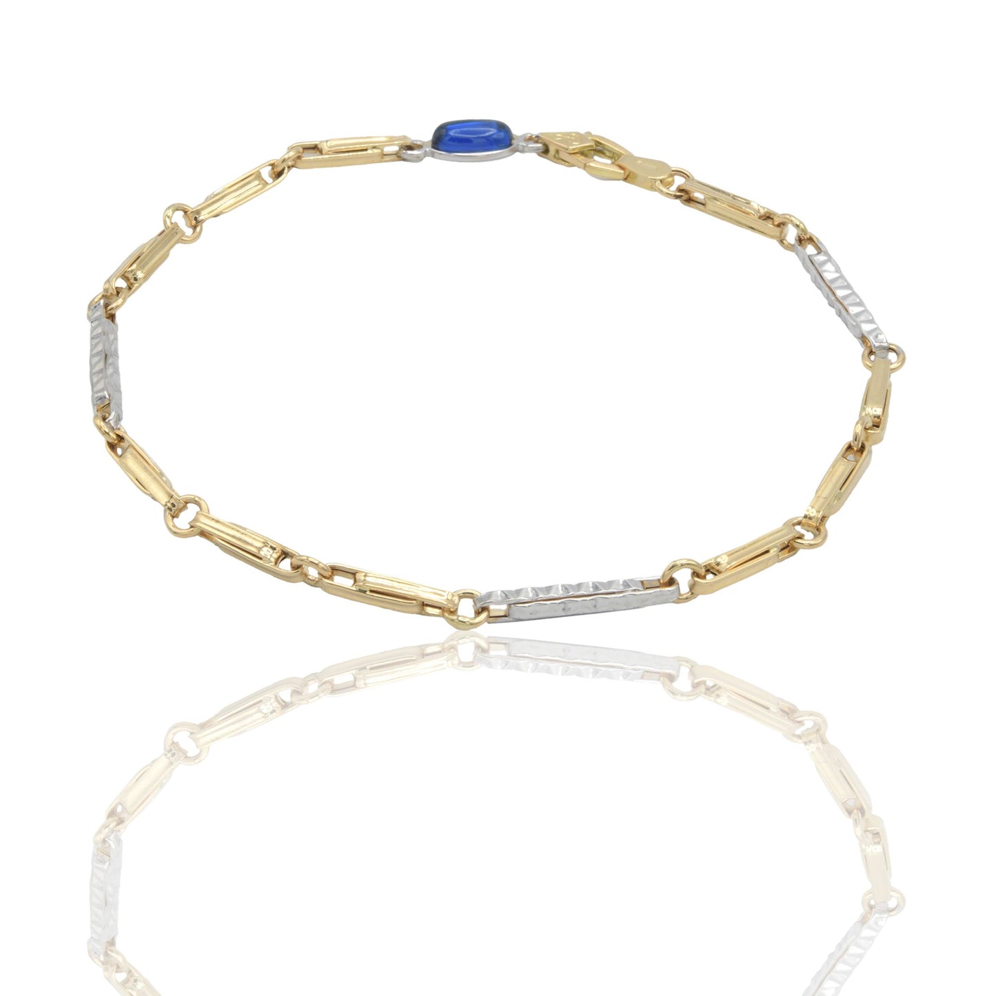 Bracciale Oro Giallo Oro Bianco Oro 18 carati Catena Rigata alternata pietra blu cm. 21,5