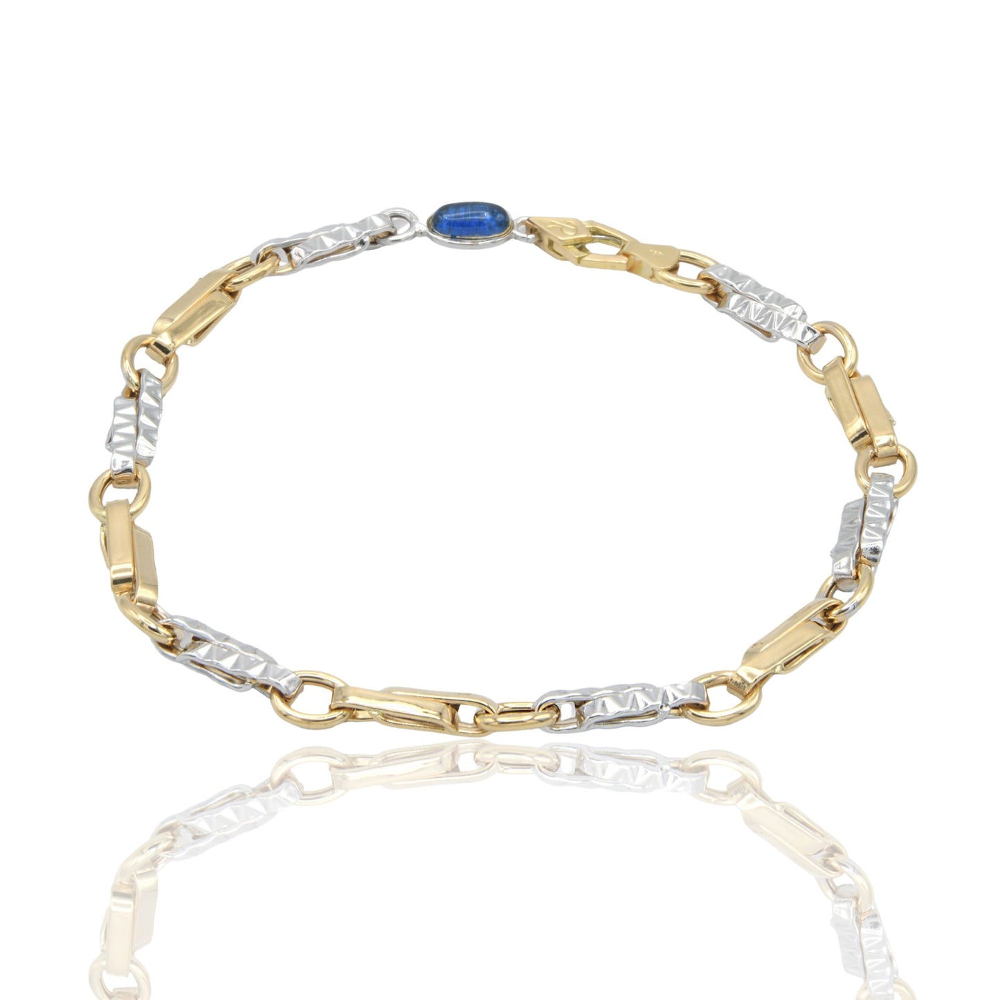 Bracciale Oro Giallo Oro Bianco Oro 18 carati Catena Schiacciata Rigata pietra blu cm. 21,5