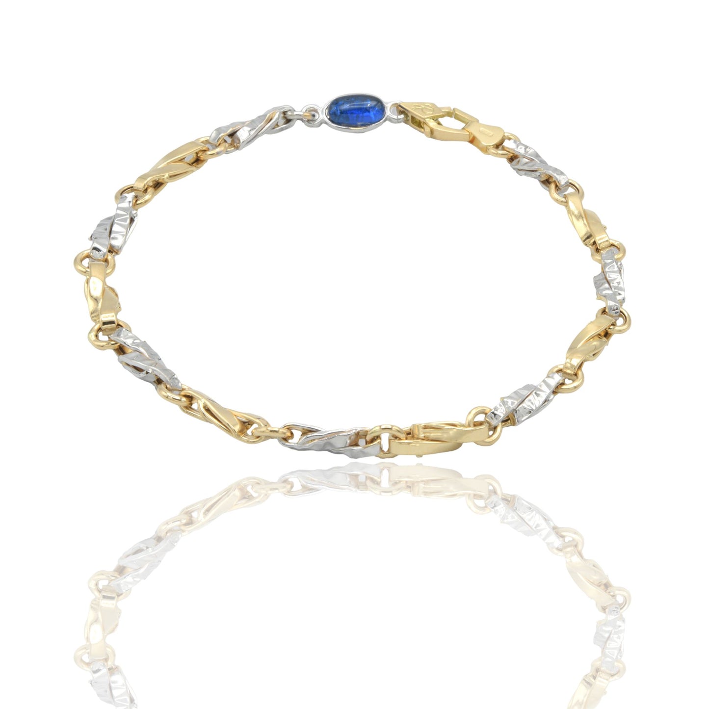 Bracciale Oro Giallo Oro Bianco Oro 18 carati Catena Schiacciata Rigata pietra blu cm. 21,5