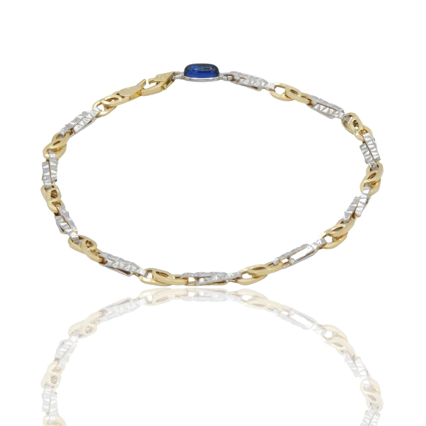 Bracciale Oro Giallo Oro Bianco Oro 18 carati Catena Schiacciata Alternata pietra blu cm. 21,5