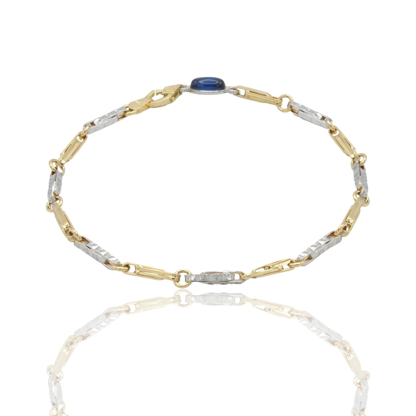 Bracciale Oro Giallo Oro Bianco Oro 18 carati Catena Rigata pietra blu cm. 21,5