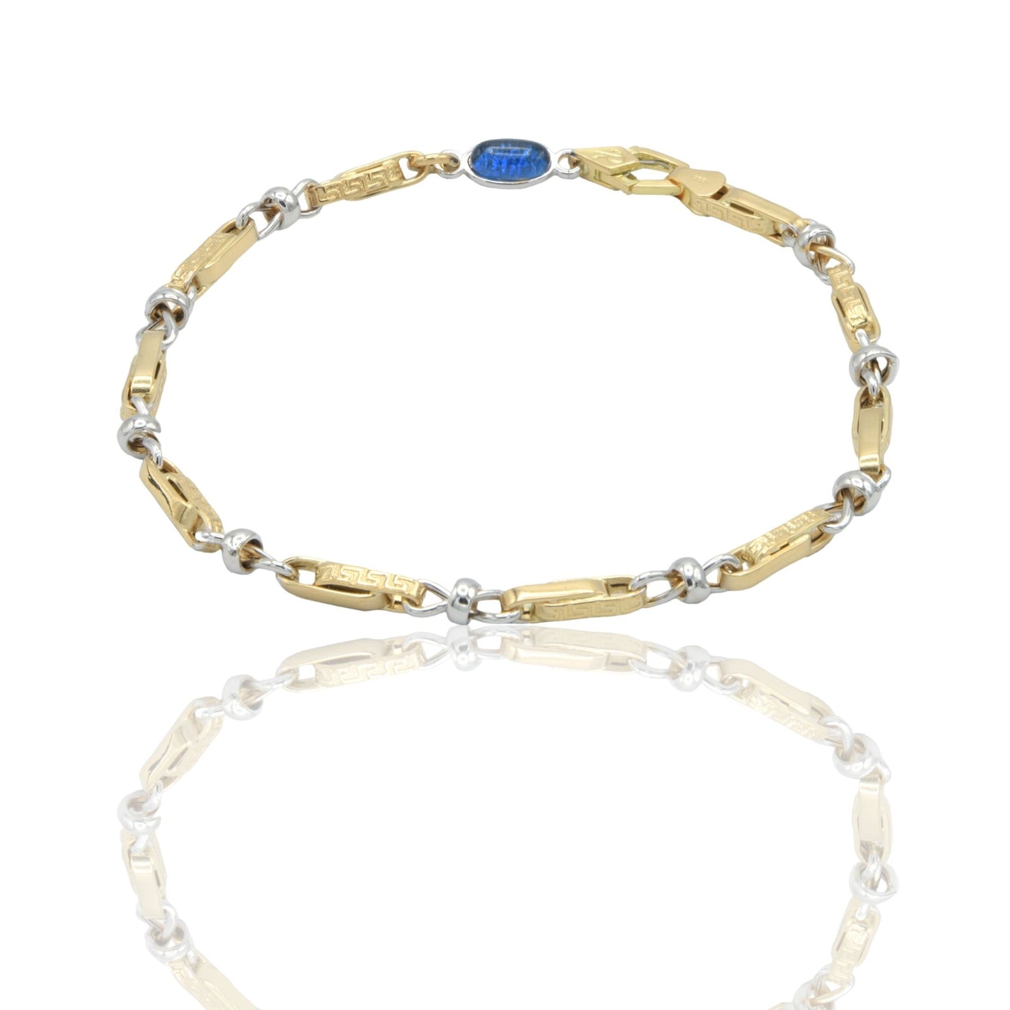 Bracciale Oro Giallo Oro Bianco Oro 18 carati Catena alternata con Greca pietra blu cm. 21,5