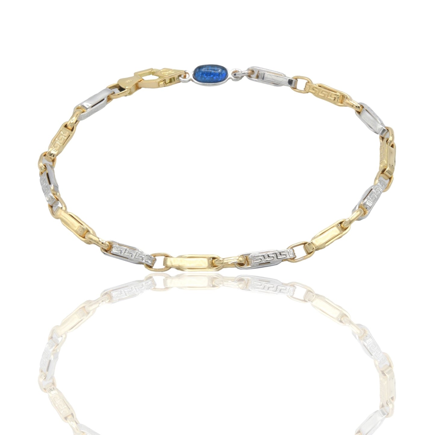Bracciale Oro Giallo Oro Bianco Oro 18 carati Catena alternata con Greca pietra blu cm. 21,5