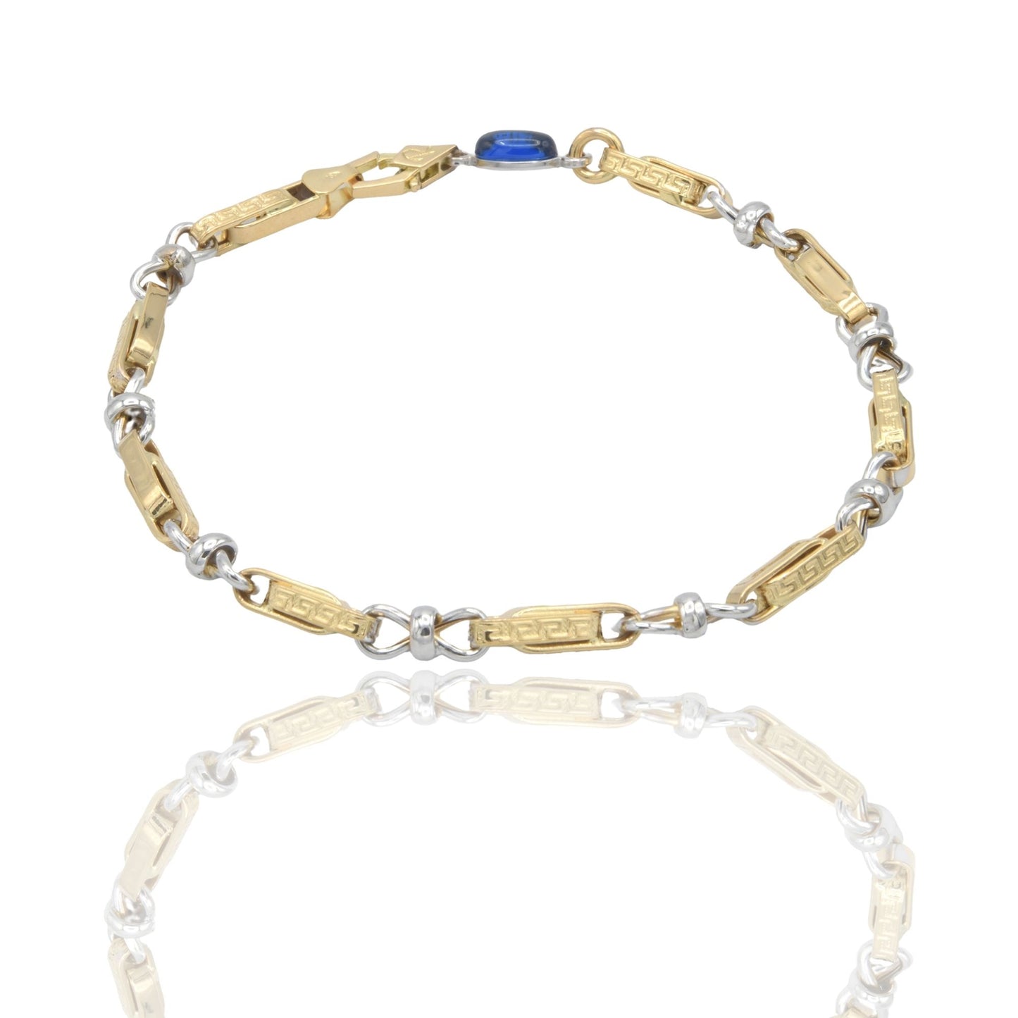 Bracciale Oro Giallo Oro Bianco Oro 18 carati Catena alternata con Greca pietra blu cm. 21,5