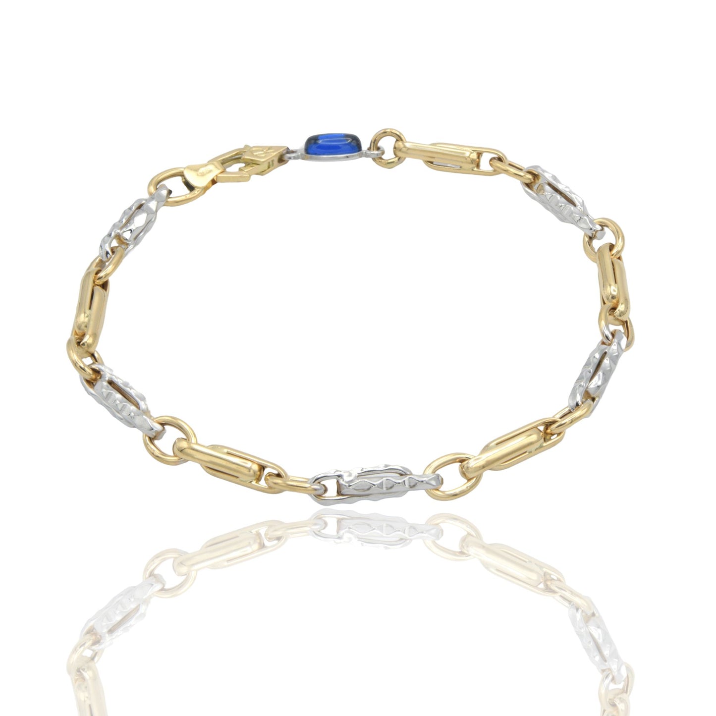 Bracciale Oro Giallo Oro Bianco Oro 18 carati Catena alternata pietra blu cm. 21,5