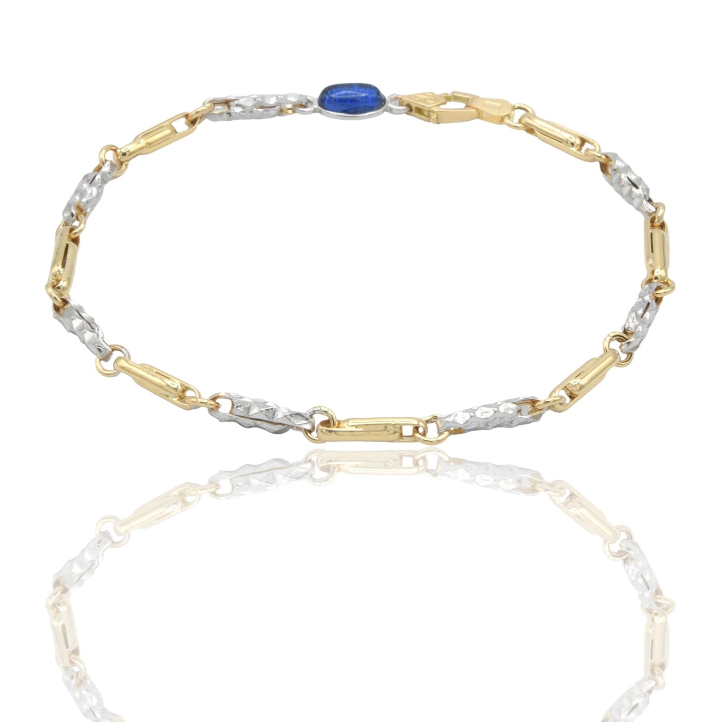 Bracciale Oro Giallo Oro Bianco Oro 18 carati Catena alternata pietra blu cm. 21,5
