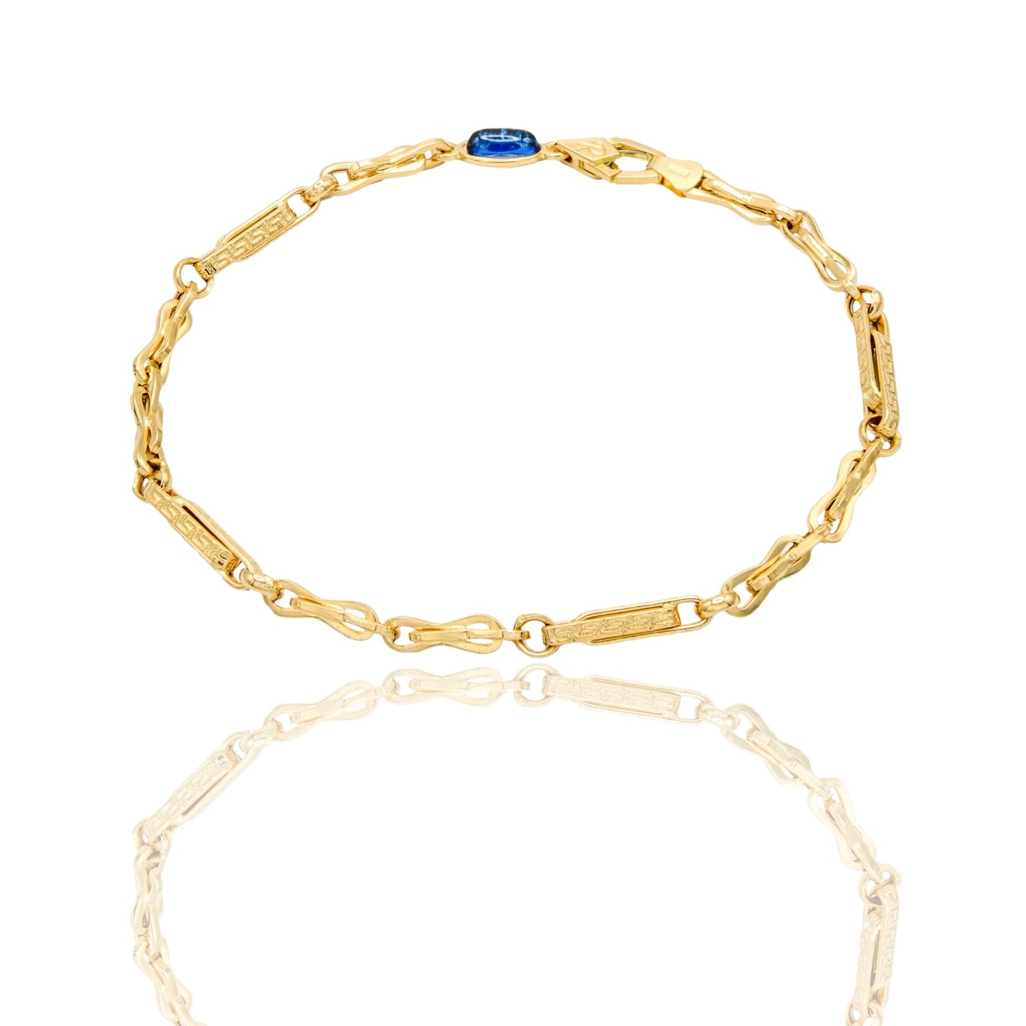 Bracciale Oro Giallo Oro 18 carati Catena Alternata Con Greca pietra blu cm. 21,5