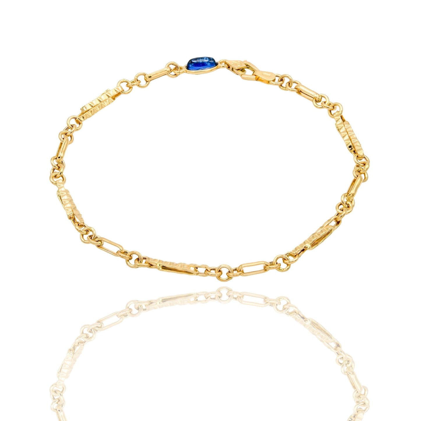 Bracciale Oro Giallo Oro 18 carati Catena Maglia Schiacciata alternata pietra blu cm. 21,5