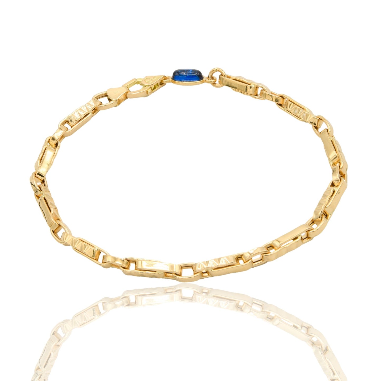 Bracciale Oro Giallo Oro 18 carati Catena Tubolare E Rigata pietra blu cm. 21,5